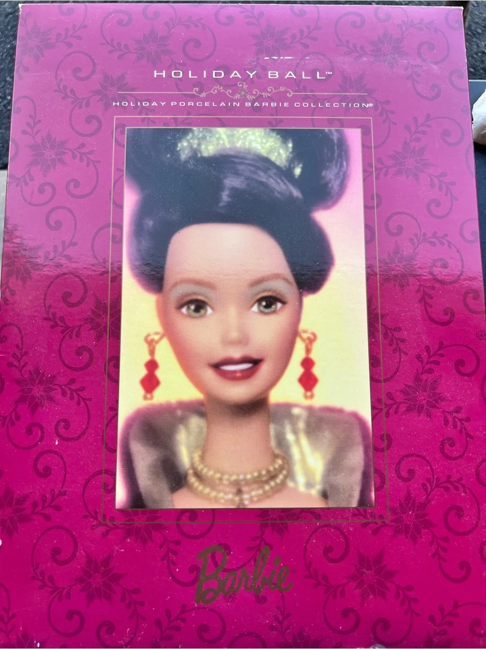1997 Barbie Pink and Gold Holiday Box Art with stand new in original box